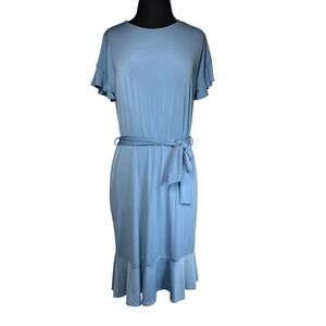 Brigitte Brianna Venice Midi Dress Blue Size L Modest Minimalist Stretchy Office